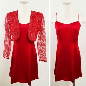 Vintage Frederick's of Hollywood slip dress red lace satin bolero set size 7 / 8